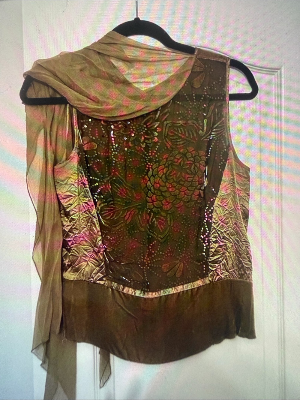 Vintage italian  Green Floral Embellished Sleeveless Camisole with Draped Scarf